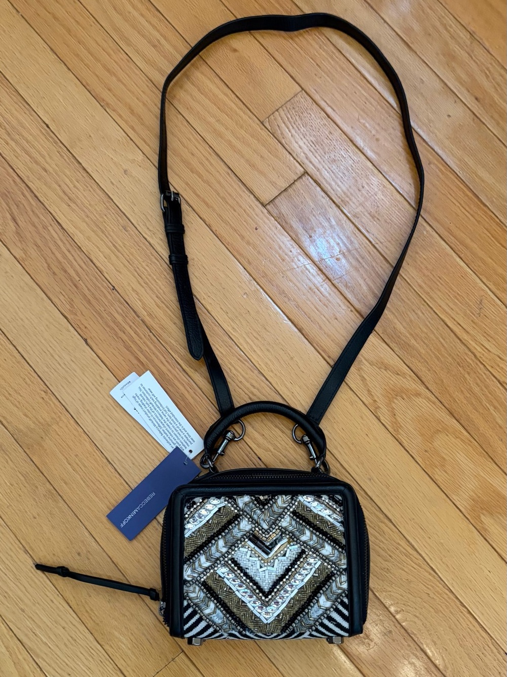 Rebecca Minkoff Black, silver, gold Beaded Chevron Crossbody